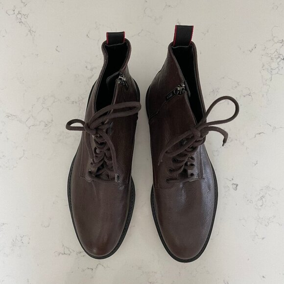 Hugo by Hugo Boss Designer Leather Lace Up Side Zip Boots Brown Blk Sz 8 - Picture 1 of 15